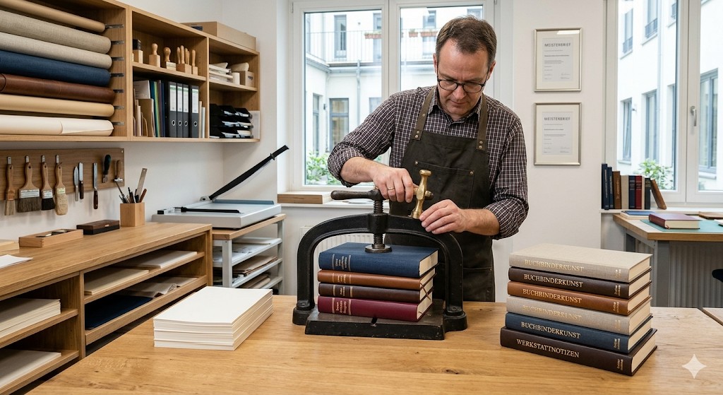 Buchbinder bei der Arbeit in der Werkstatt in Fulda